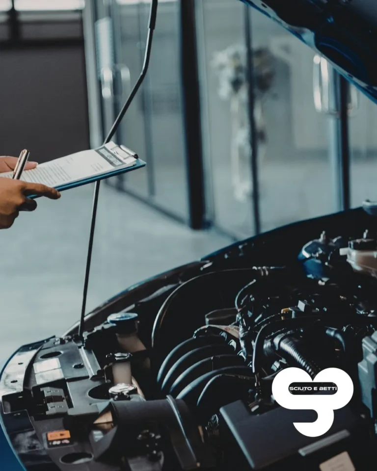 SCIUTO Revisioni auto a Grosseto A person holding a clipboard checks the engine of a car in a garage.