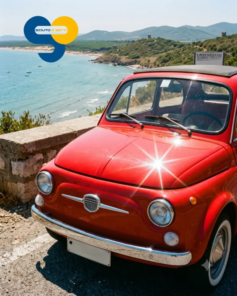 SCIUTO - Carrozzeria auto in estate - A red vintage car parked by the seaside with mountains in the background. The sun shines on the car.