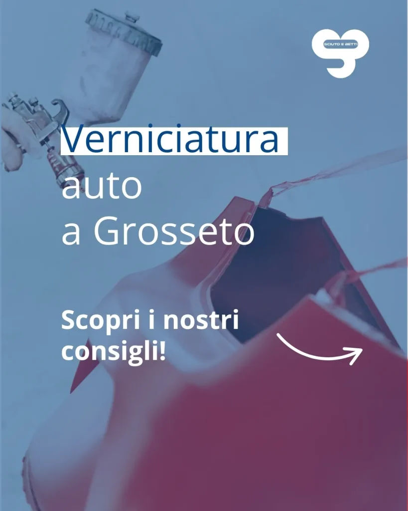 SCIUTO Sistema tintometrico - A spray painter applying red paint to a car body part in a bright workshop setting with text overlay.