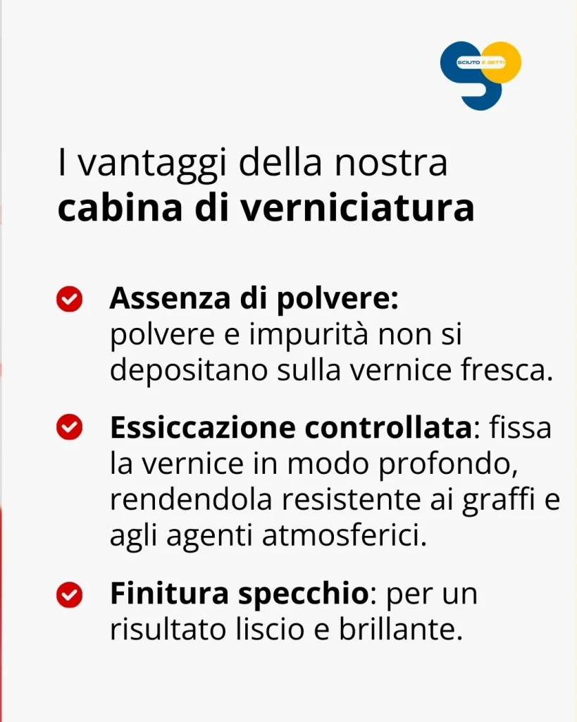 SCIUTO Sistema tintometrico - Text listing the benefits of a painting booth: no dust, controlled drying, and glossy finish.