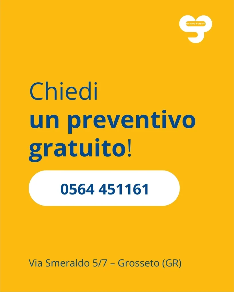 SCIUTO Sistema tintometrico - Yellow background with text offering a free quote, phone number, and address.
